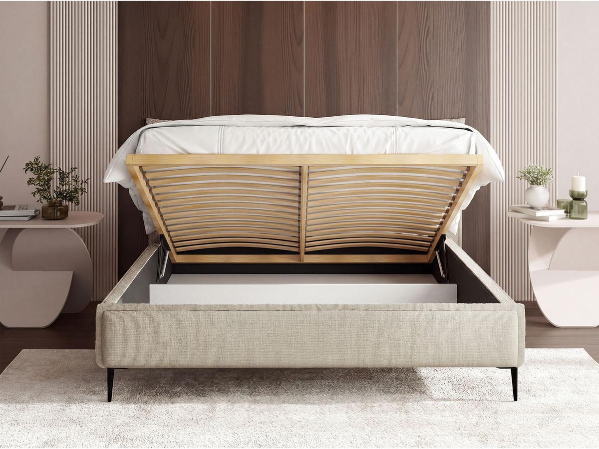 POLSTERBETT Pillow Rise mit Bettkasten, Lattenrost & hohen Metallfüßen in Creme Chenille 200x200 cm - Birkefarben/Creme, Holz/Holzwerkstoff (200/200cm) - WFL GROUP