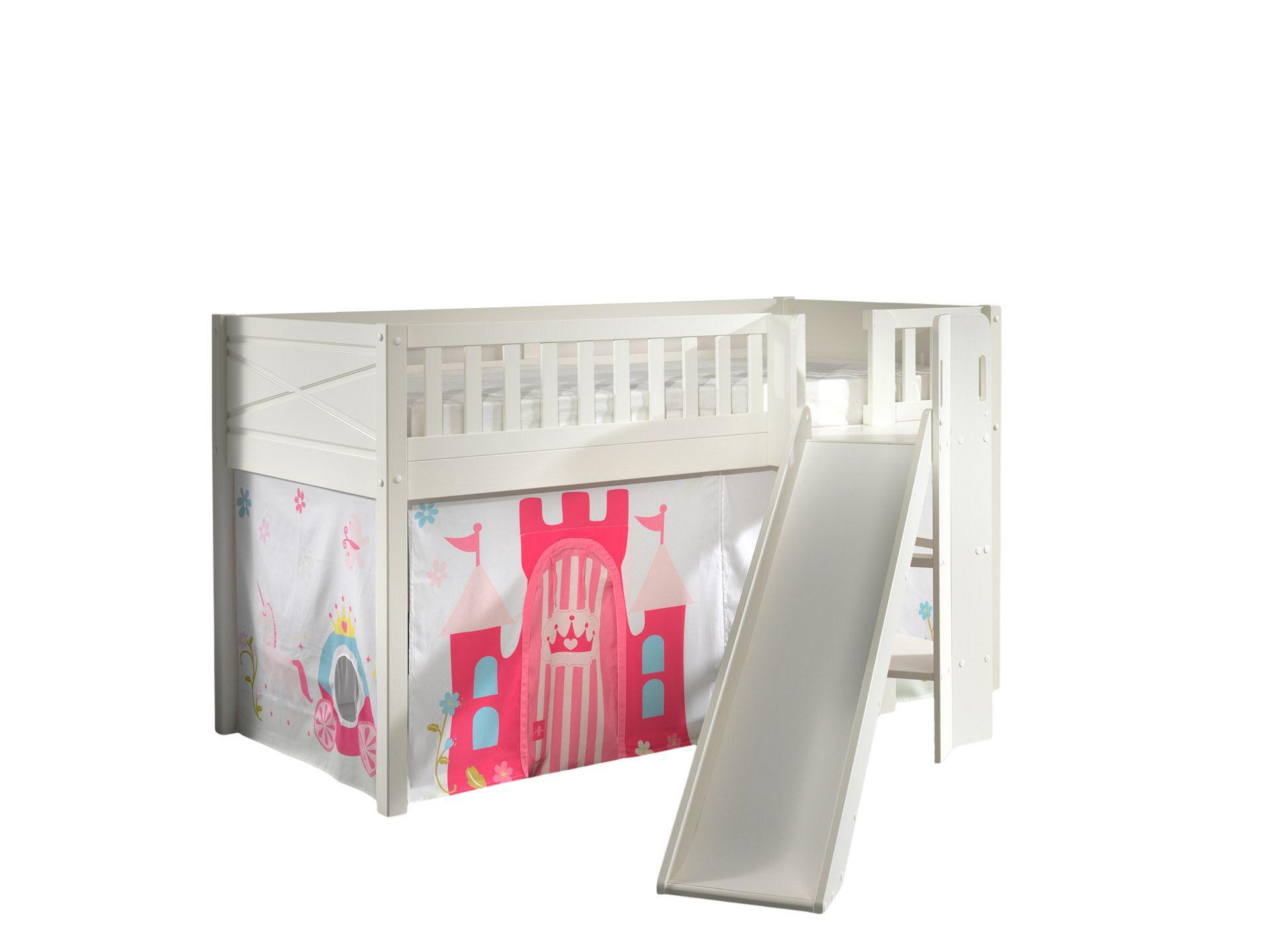 HOCHBETT mit Rutsche Karyl Massivholz Weiß Textilset Princess 1 - Magenta/Weiß, Holz (90/200cm) - 58aufmkessel