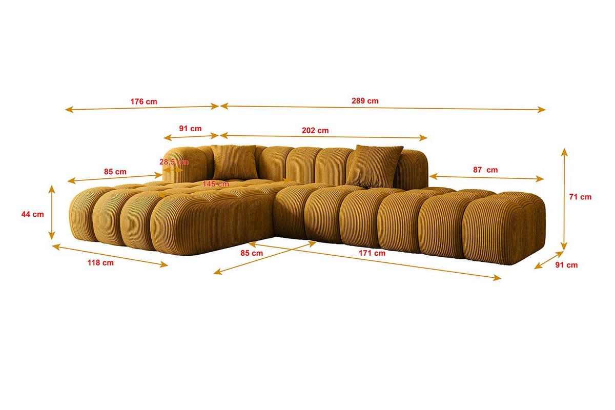 ECKSOFA Ottomane Links OLEA-L2 - 289x176x71 cm Senfgelb - Currygelb/Schwarz, Holzwerkstoff/Kunststoff (176/289cm) - ALTDECOR