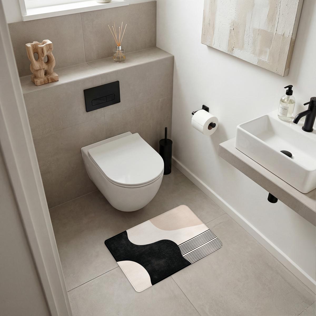 BADEMATTE Abstrakt - Japandi - Beige - Modern 60x40 cm - Beige/Schwarz, Textil (60/40cm) - OnlyWow