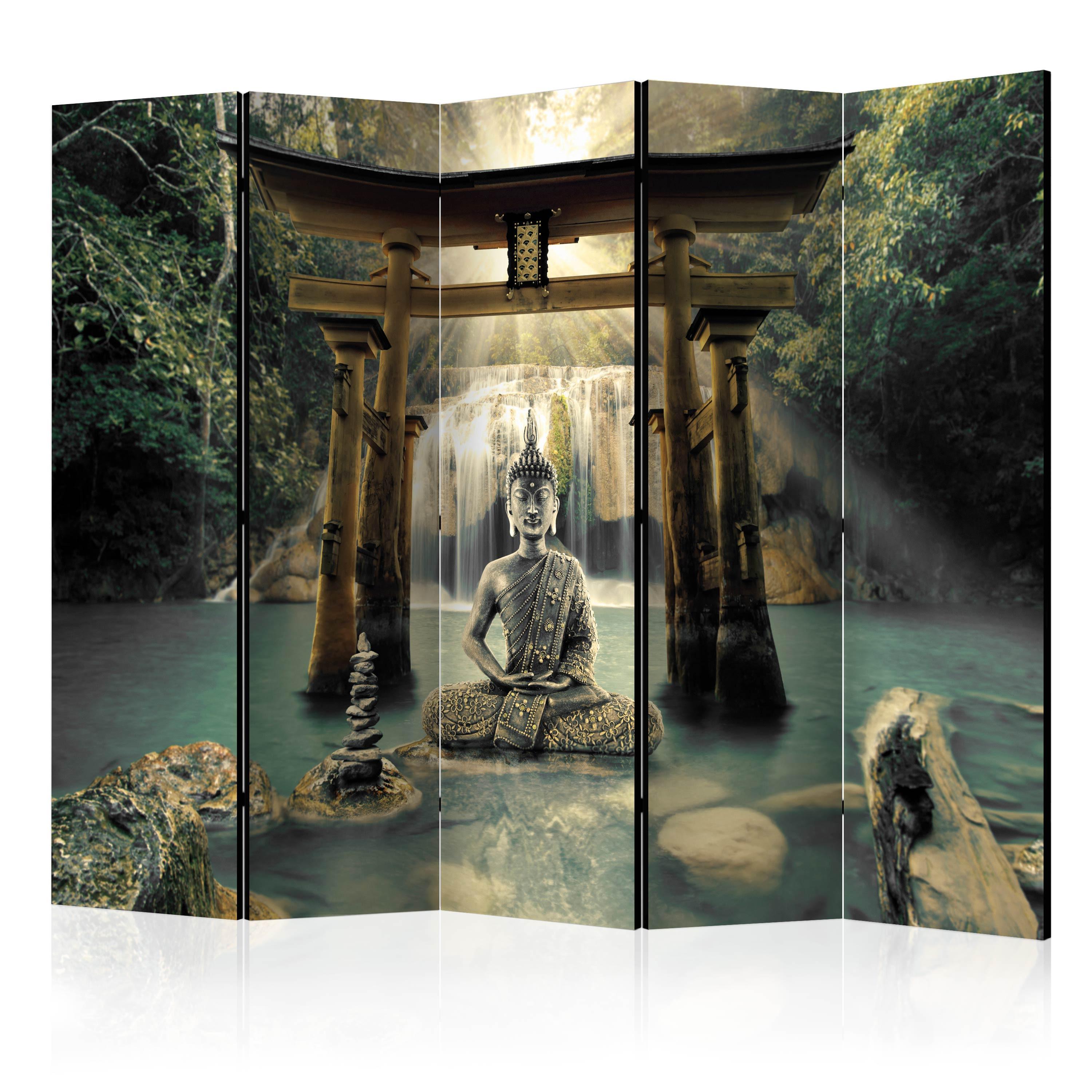 PARAVENT Einseitig Bedruckter 5-tlg 225x172 cm Buddha Wasserfall - Multicolor, Holz/Textil (225/172/3cm) - Muralo