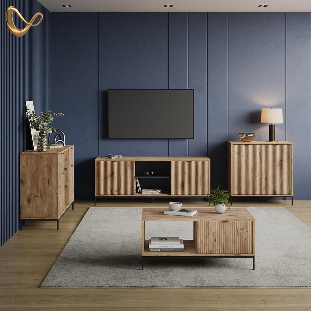 KOMMODE Aterno Viking Oak 120 x 81.2 cm mit 2 Schubladen und 2 Türen - Eichefarben, Holzwerkstoff (120/81.2/40cm) - Livinity®