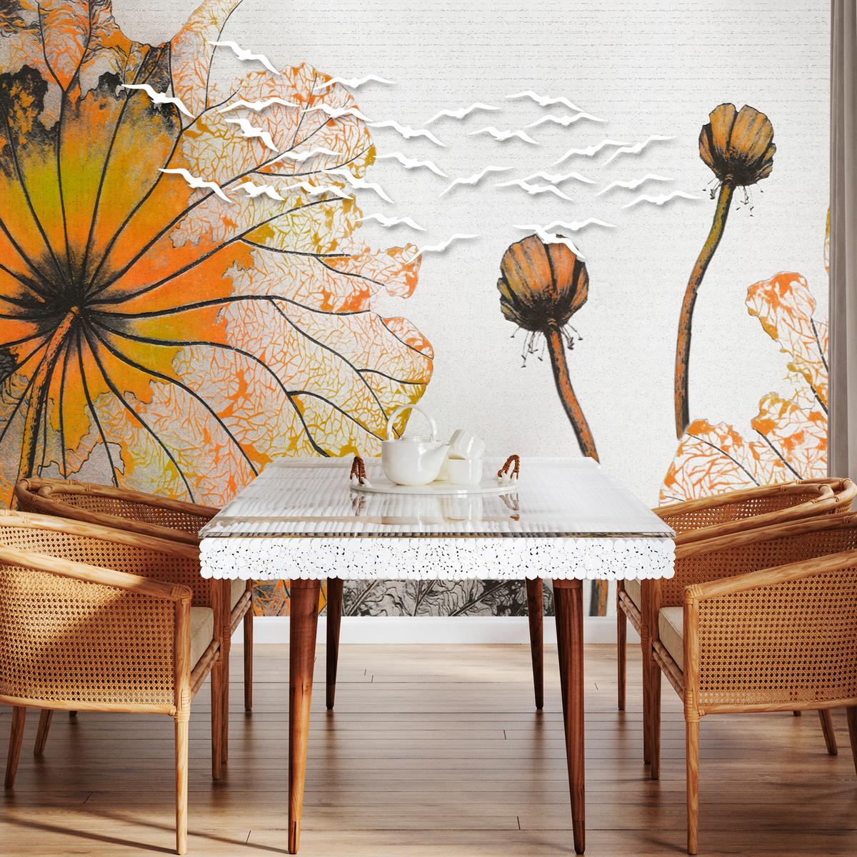 FOTOTAPETE für Esszimmer Große Abstrakte Orange Blumen Blätter 400x280 - Gelb/Orange, Papier (400/280cm) - Muralo