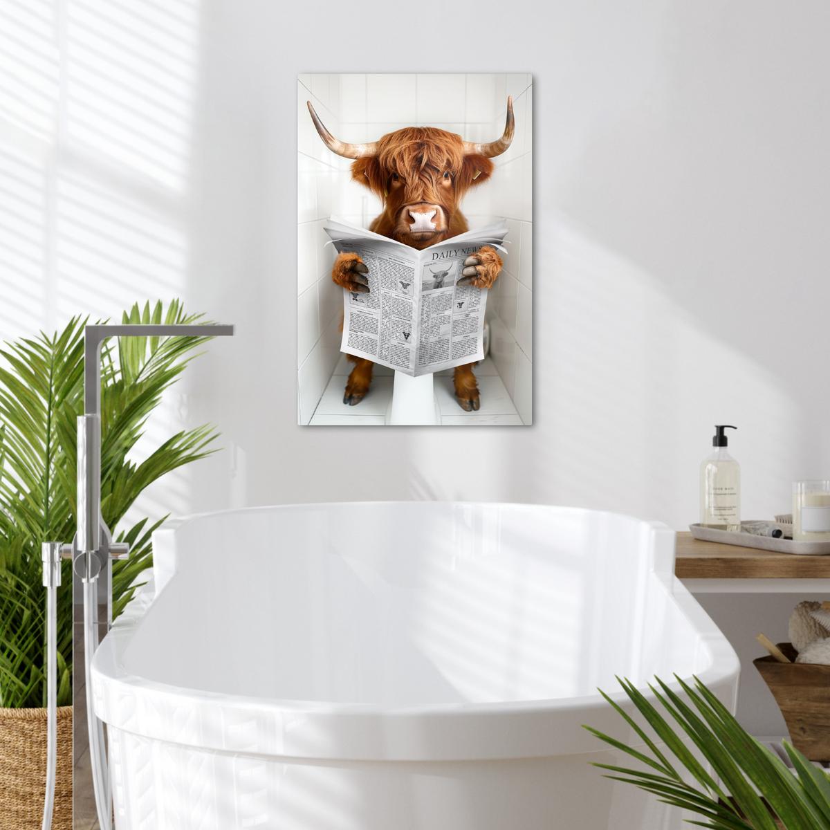 LEINWANDBILD Schottischer Highlander - Tier - Zeitung - Toilette Wanddeko 40x60 cm - Kastanienfarben, Textil (40/60cm) - MuchoWow
