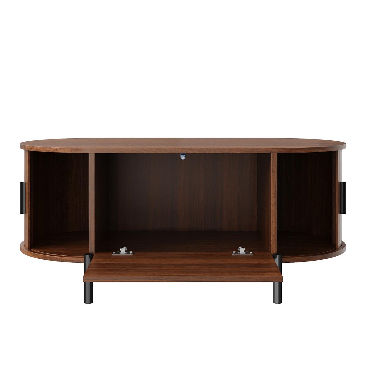 COUCHTISCH in holzoptik mit rattan, ovale form und schiebetüren - Walnussfarben, Holzwerkstoff (50/100/40cm) - Urban Meuble