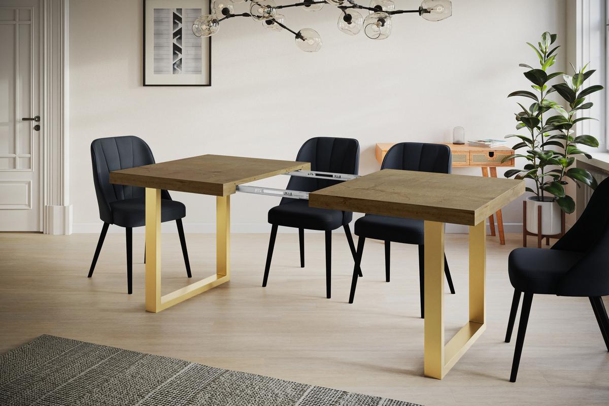 INDUSTRIELLER Esszimmertisch LOFT-U, ausziehbarer Tisch, Größe: 120-220X80X77 cm, Wohnzimmertisch Farbe: LEFKAS, mit Metallbeinen in Farbe Gold - Dunkelbraun/Goldfarben, Holzwerkstoff (120/80/77cm) - Alpi-Möbel