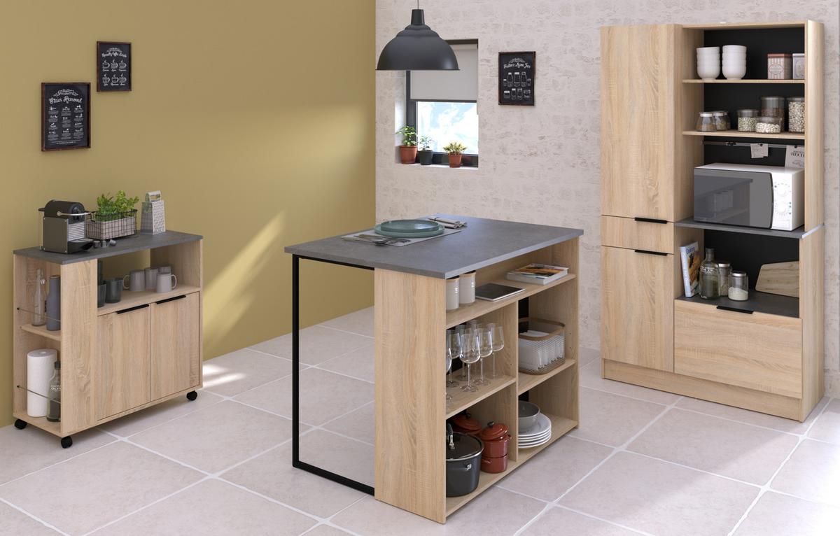 KÜCHEN-SET Eiche, grau, 3-teilig mit Buffet, Kücheninsel und Schrank - Eichefarben/Schwarz, Holzwerkstoff/Kunststoff (284/184/80cm) - Parisot Meuble