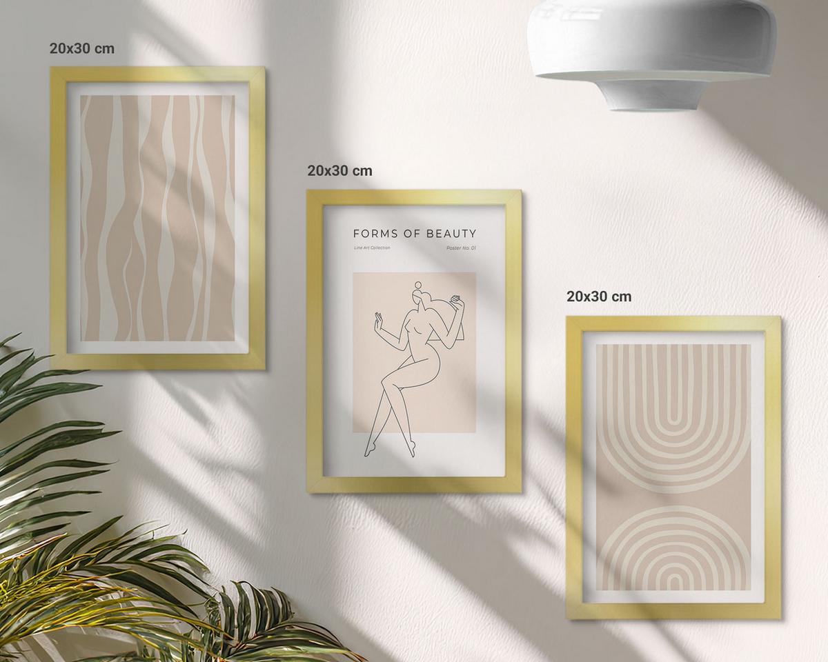 BILDER SET 3er Set - 20x30 cm Goldrahmen - Abstrakte Boho-Dekorationen - Goldfarben, Kunststoff (20/30cm) - TULUP