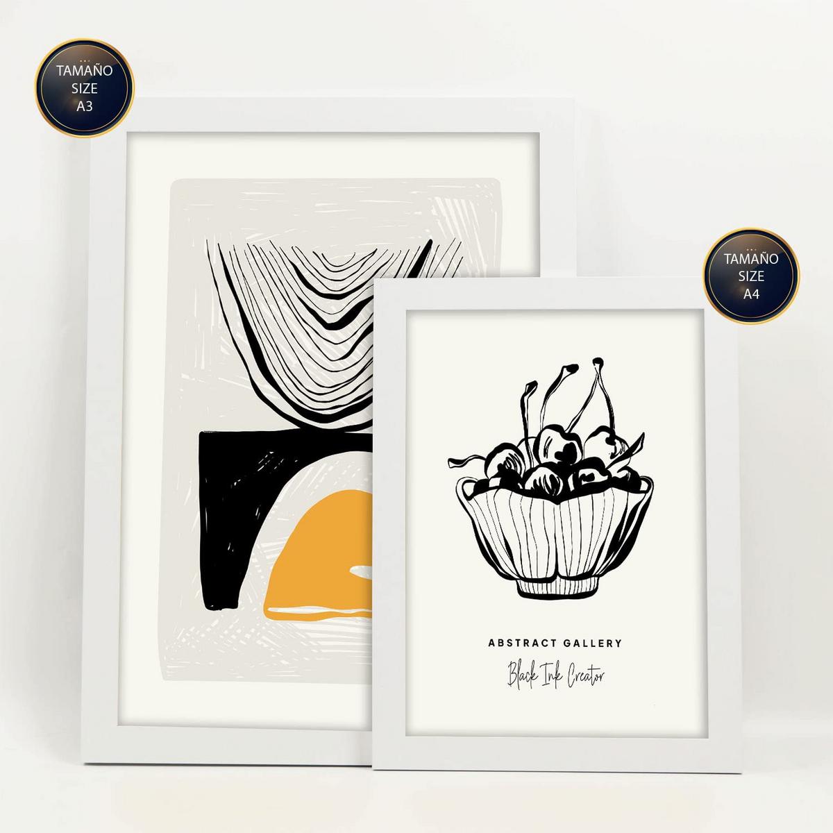 POSTER Set Mit 6 In Schwarzer Tinte Früchte Künstlerische Und Abstrakte Drucke Für Innenarchitektur A3 & A4 Weißer Rahmen - Weiß, Papier (29/3cm) - Nacnic