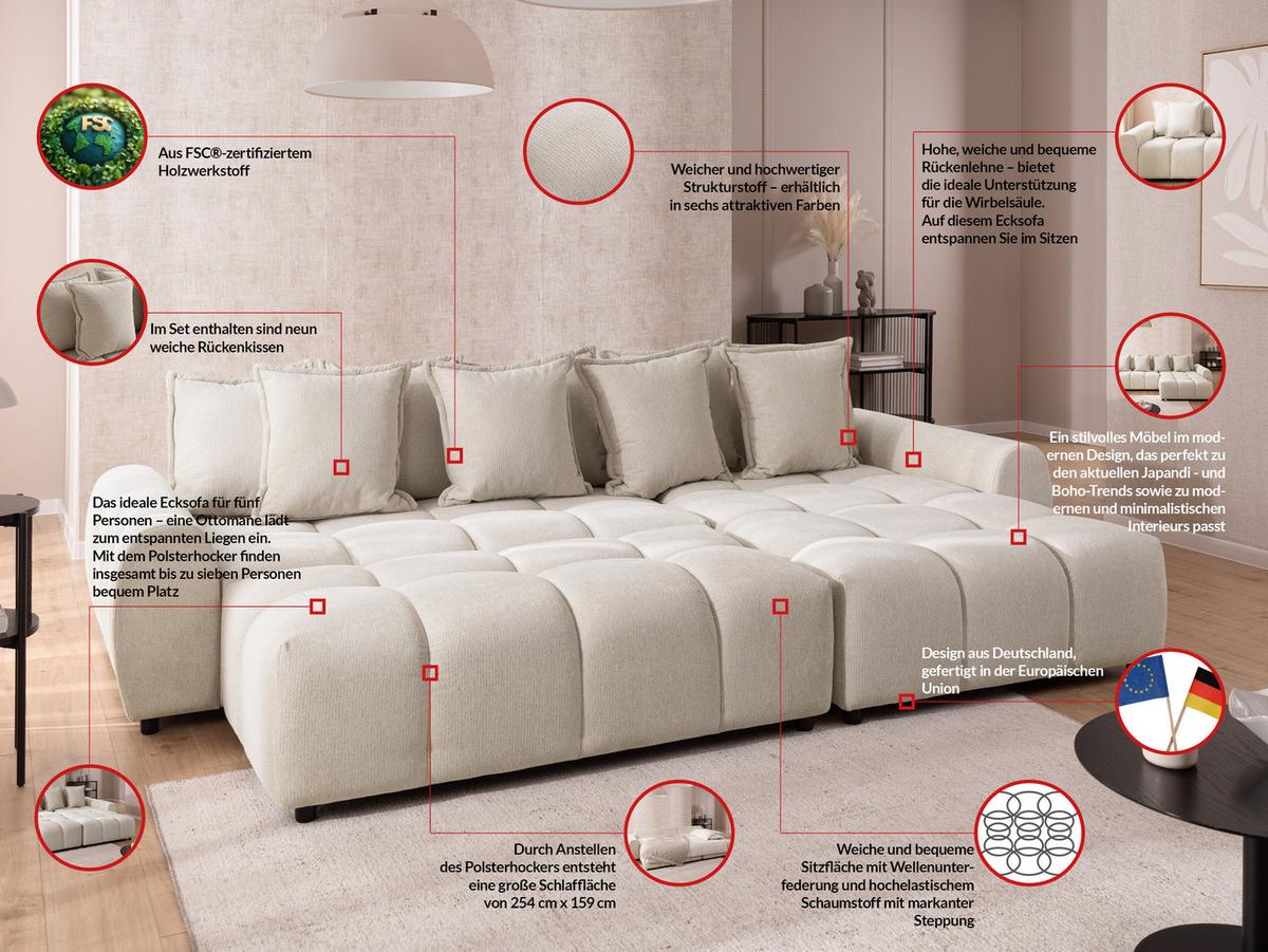 ECKSOFA inkl. Hocker Bubble mit Schlaffunktion und losen Rückenkissen, Sitzfläche Bubble-Optik aus weichem Hellbeige Strukturstoff - Ottomane Rechts - Beige/Schwarz, Holz/Kunststoff (306/180cm) - S-Style