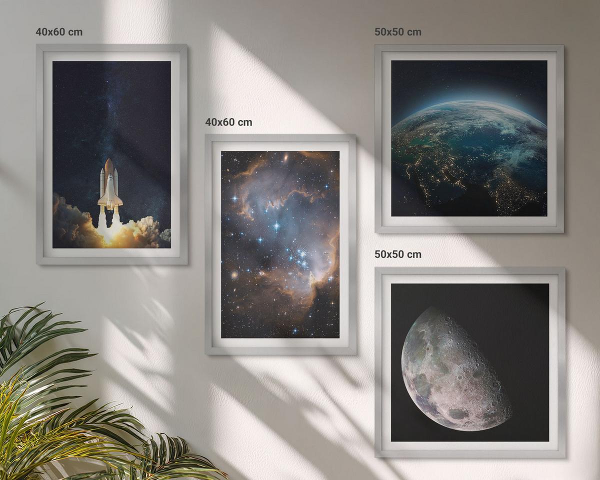 BILDER SET 4er Set - 50x50 cm & 40x60 cm Silberner Rahmen - Weltraum Erde Rakete Galaxie - Silberfarben, Kunststoff (50/50cm) - TULUP
