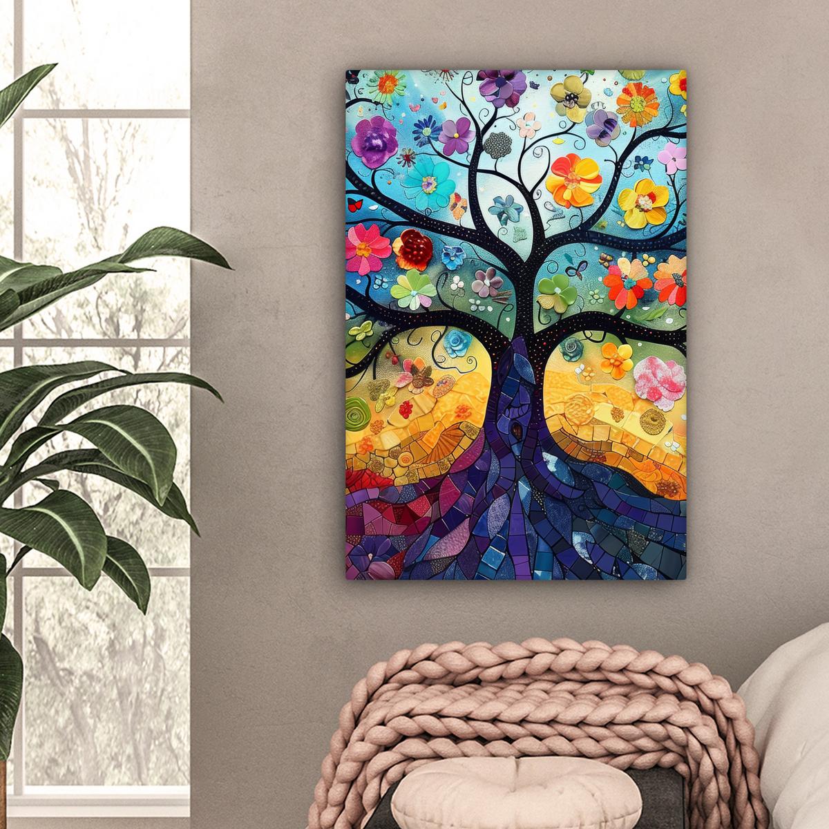 LEINWANDBILD Kunst - Baum des Lebens - Blumen - Hippie Wanddeko Schlafzimmer 60x90 cm - Dunkelblau, Textil (60/90cm) - MuchoWow