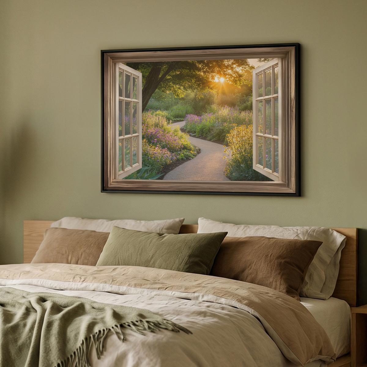 LEINWAND Bilder mit Rahmen - Aussicht - Blumen - Natur - Sonne - Weg - 100x70 - Hellgelb, Textil (100/70cm) - MuchoWow