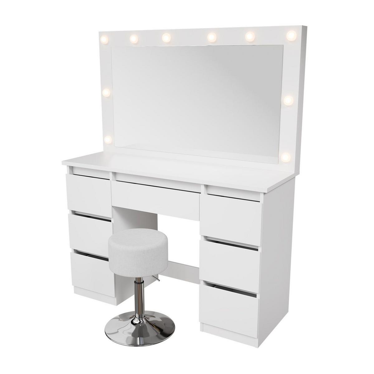 SCHMINKTISCH Lilia weiß mit LED-Beleuchtung und Hocker Tonia - Weiß, Holz (108/140/41cm) - Juskys