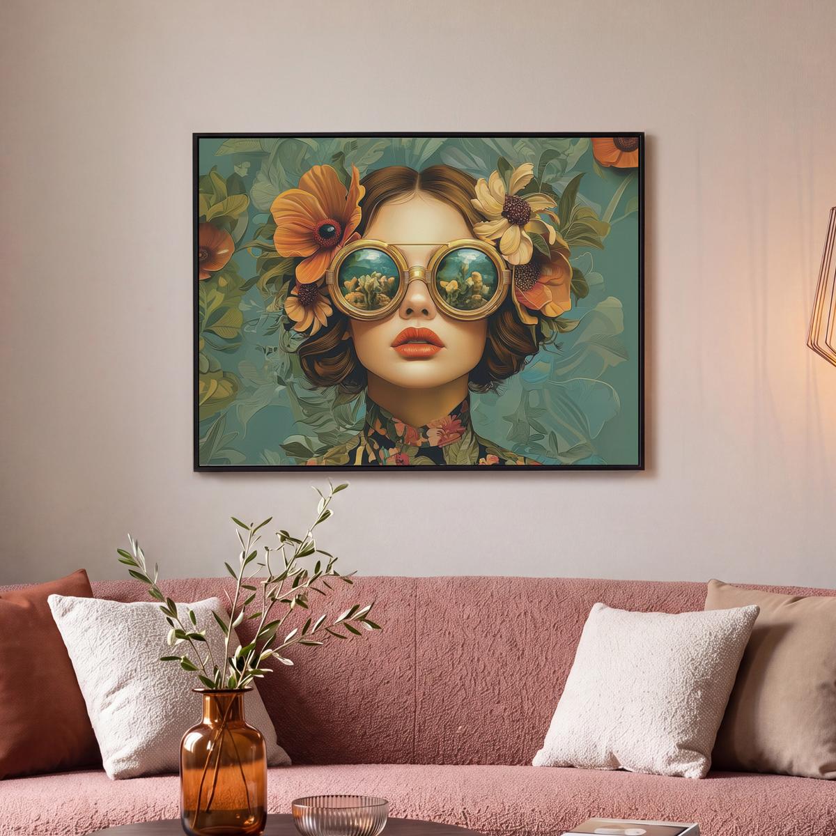 LEINWAND Bilder mit Rahmen - Frau - Blumen - Schmetterlinge - Natur - Vintage - 70x50 - Salbeigrün, Textil (70/50cm) - MuchoWow