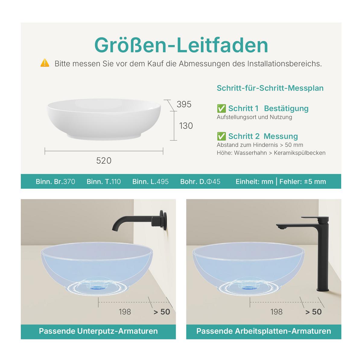 WASCHBECKEN Oval Keramik Weiß Glänzend 52 / 39 / 14 cm - Weiß, Keramik (52/13/39.5cm) - EMKE