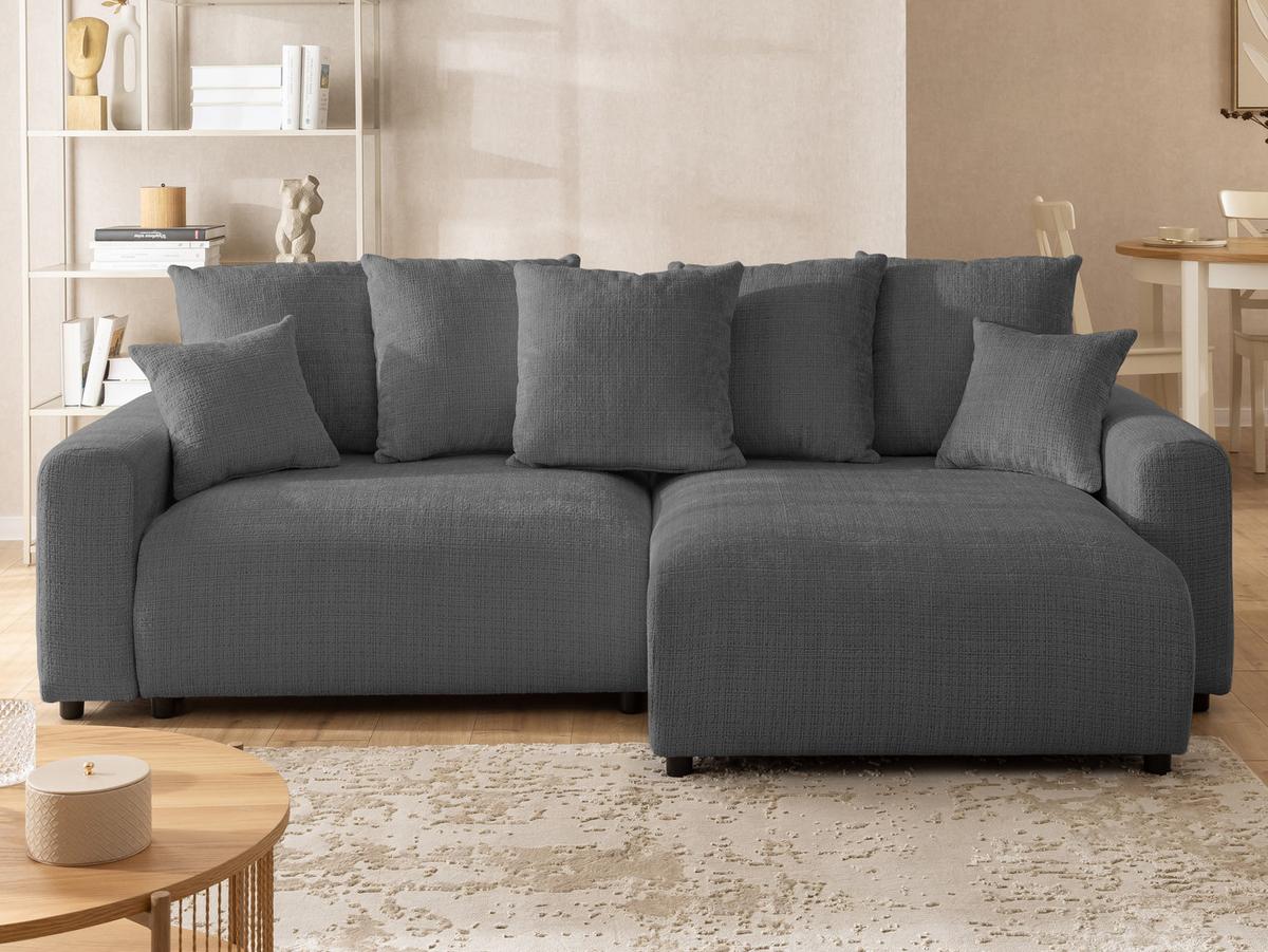 ECKSOFA Calma mit Schlaffunktion und Bettkasten im Bumpy-Design aus weichem Grau Chenille-Stoff - Ottomane rechts - Beige/Schwarz, Holz/Kunststoff (239/140cm) - S-Style Möbel