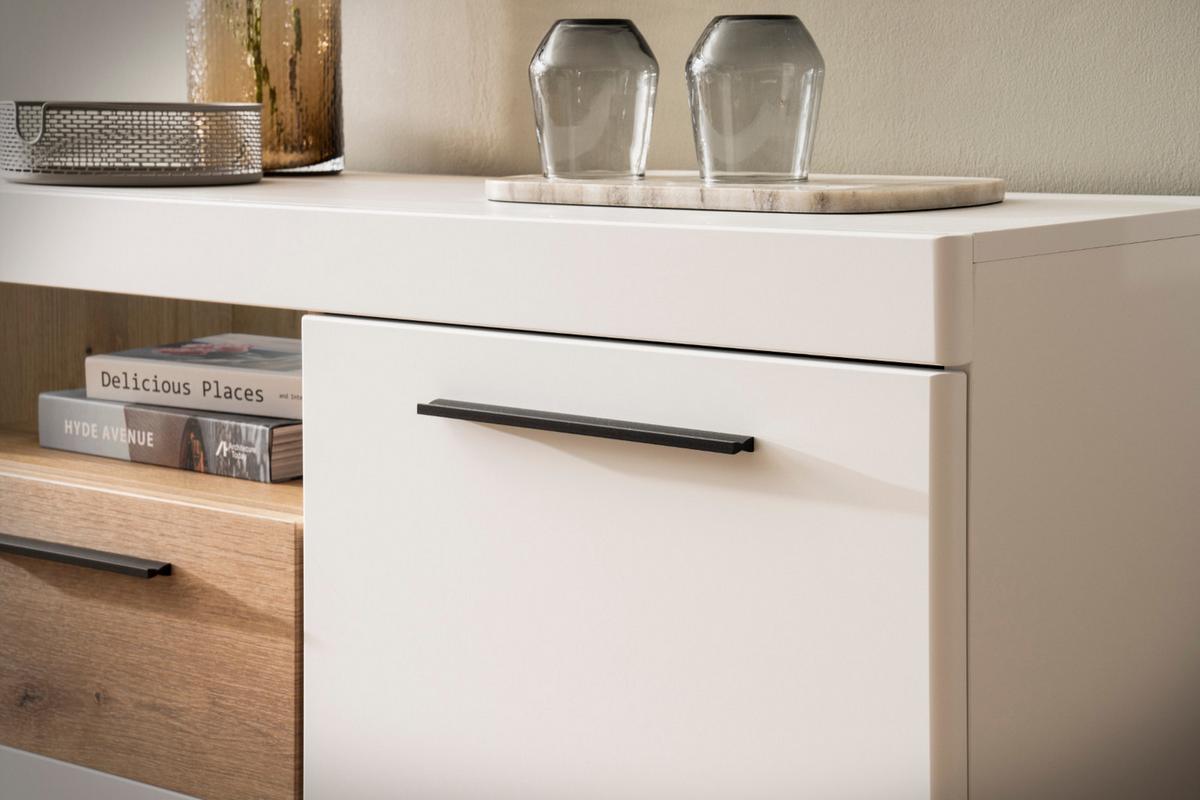 SIDEBOARD weiß matt, Evoke Eiche, Kommode 205 cm, Soft-Close-Funktion - Eichefarben/Silberfarben, Holzwerkstoff/Kunststoff (205/87/40cm)