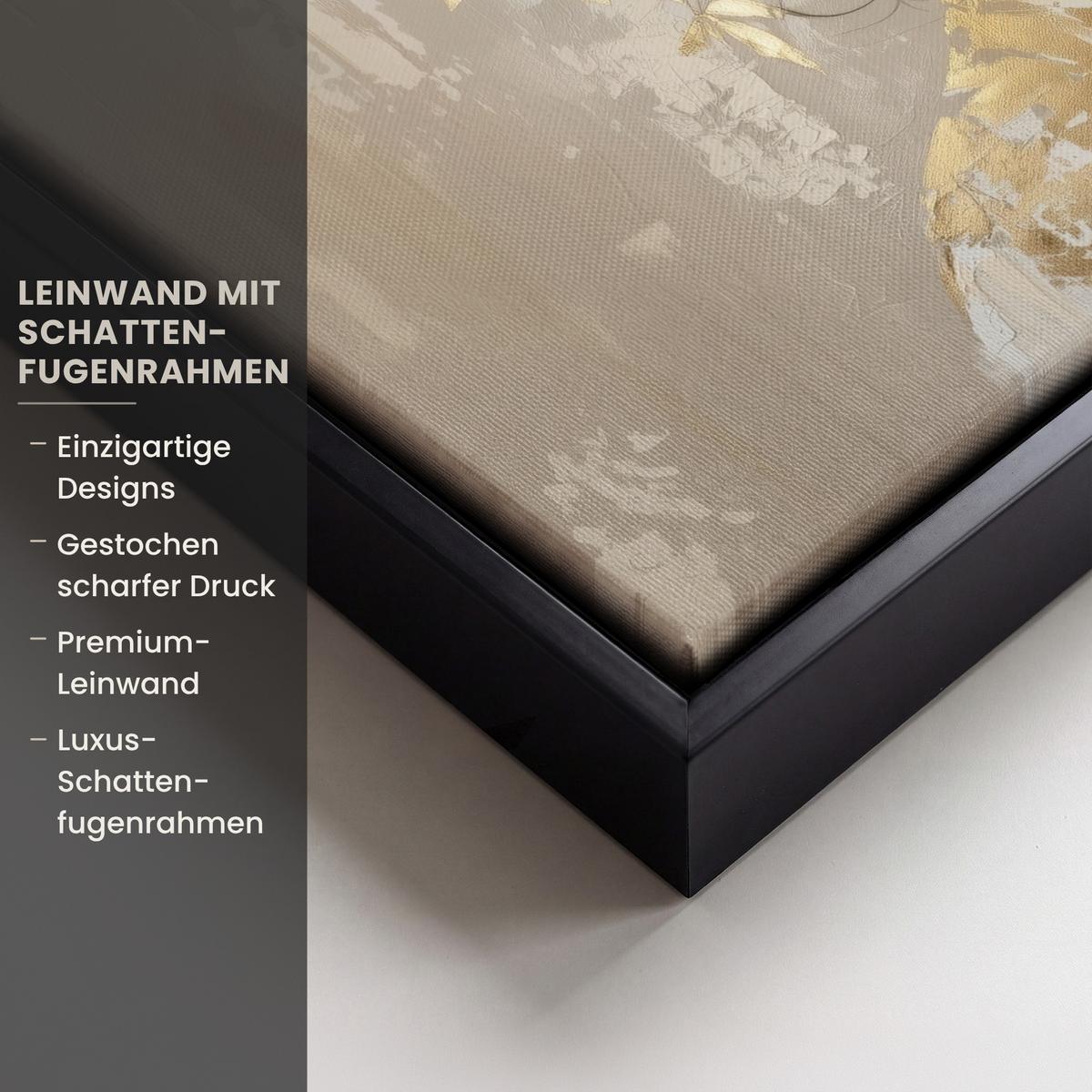 LEINWAND Bilder mit Rahmen - Gesicht - Frau - Blätter - Gold - 40x30 - Beige, Textil (40/30cm) - MuchoWow