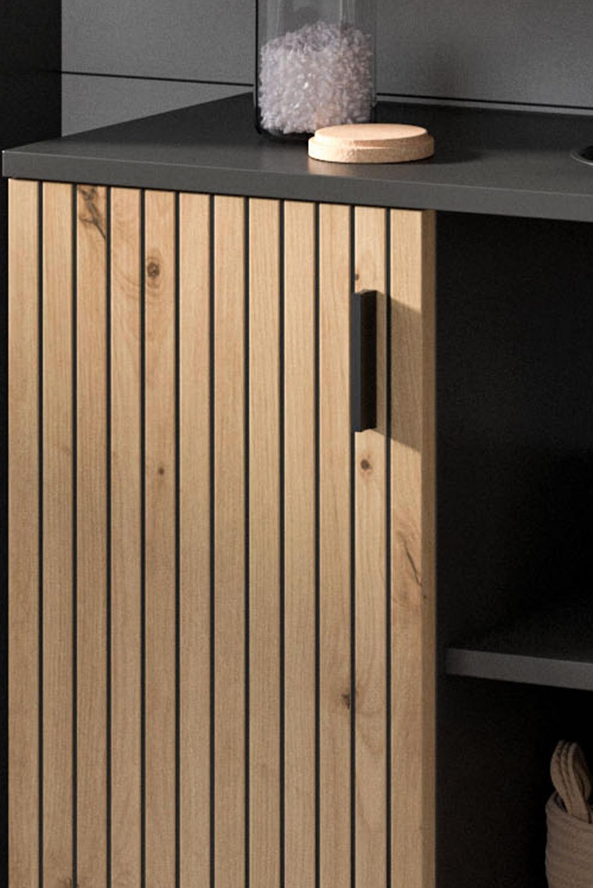 BADMÖBEL-SET Eiche Artisan, grau 2-teilig 80 cm, Badkombination mit Rillen-Optik - Schwarz/Eiche Artisan, Glas/Holzwerkstoff (80/180/30cm) - Inn.Furn