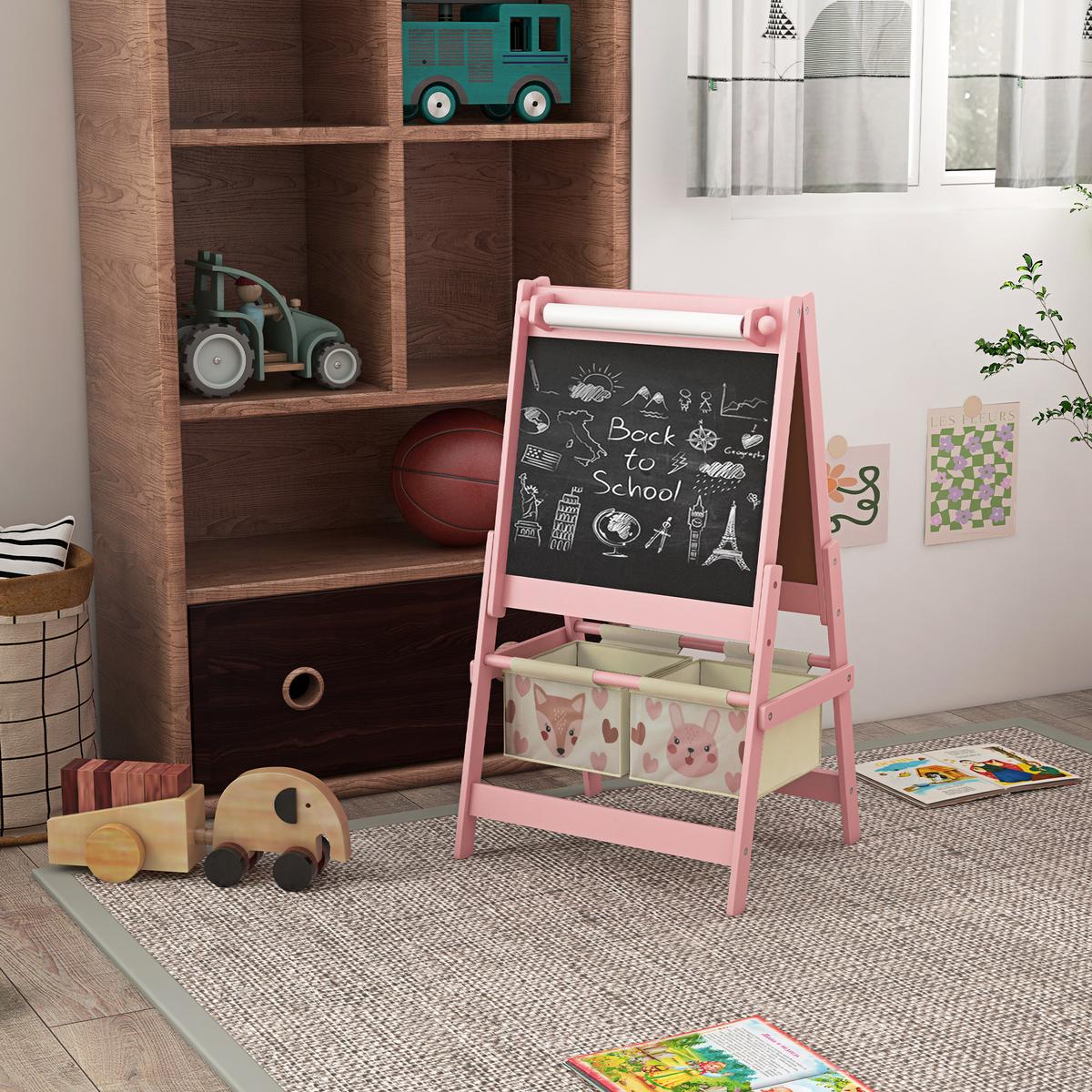 KINDERTAFEL, 3 in 1 Kinder Staffelei, Doppelseitige Standtafel mit Papierrolle - Rosa, Holzwerkstoff (46.5/93/54cm) - AIYAPLAY