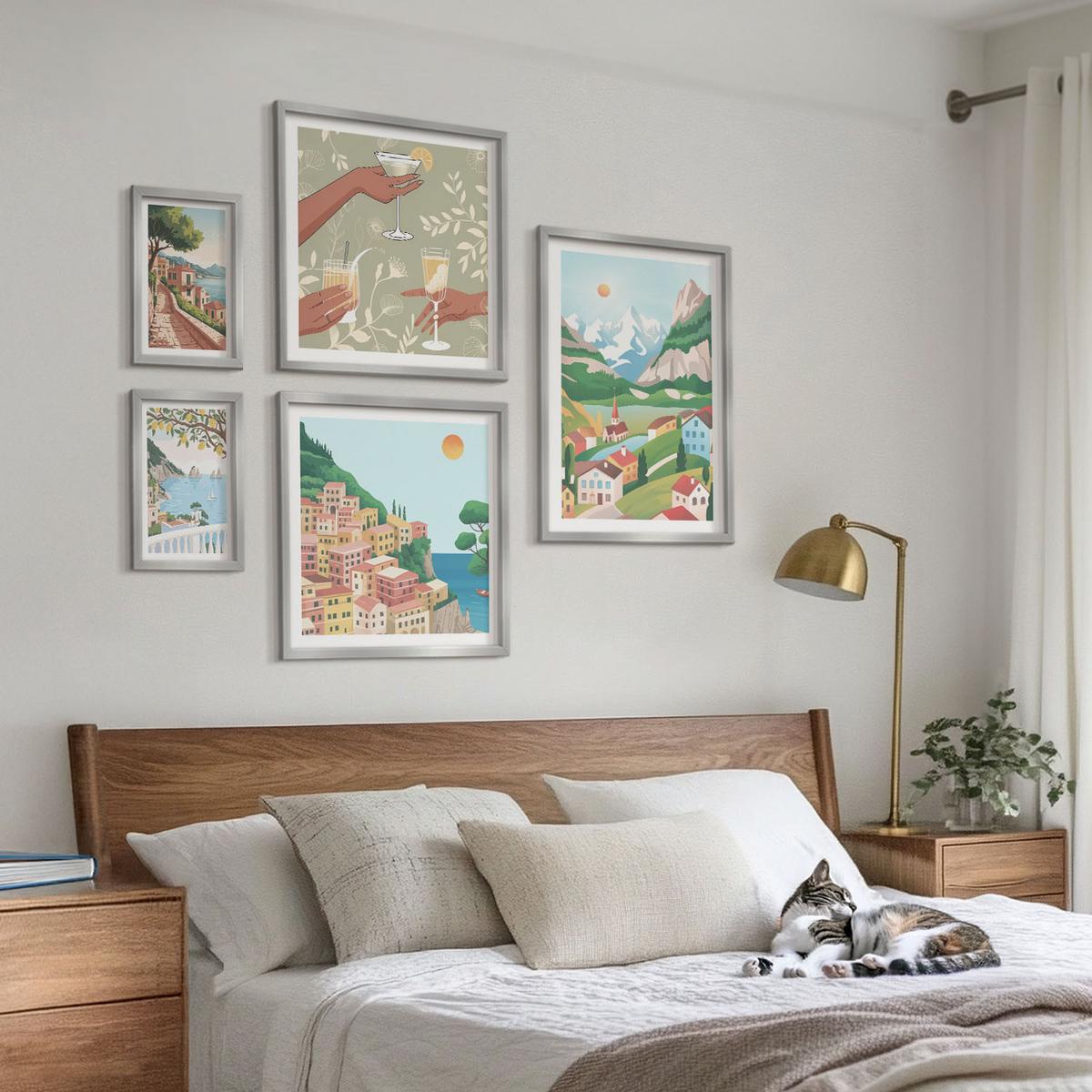 BILDER SET 5er Set - 50x50 cm & 20x30 cm & 40x60 cm Silberner Rahmen - Meereslandschaften, Zitrusfrüchte - Silberfarben, Kunststoff (40/60cm) - TULUP