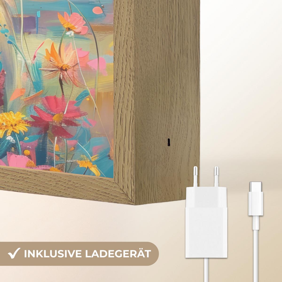 WANDLEUCHTE MIT AKKU Schottische Hochländer - Natur - Farbenfroh - Blumen 40x30 cm - Multicolor, Holzwerkstoff (40/30/8cm) - OnlyWow