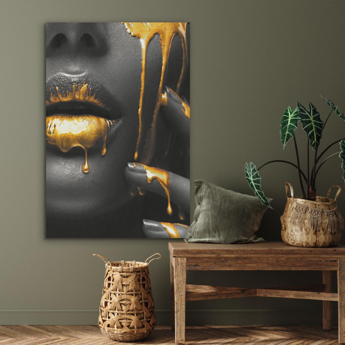 AKUSTIKBILD Frau - Schwarz - Gold - Gesicht - Lippen Wanddeko 70x100 cm - Goldfarben, Kunststoff (70/100/0.9cm) - MuchoWow