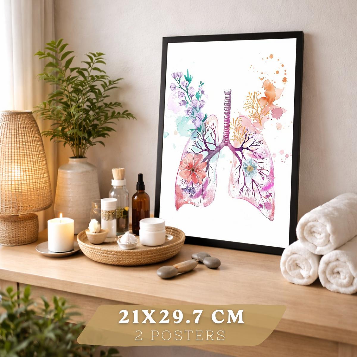 POSTER Set aus 2 Anatomie Mensch Drucke und Wandbilder mit Herz und Atmungssystem Floraler Stil Medizinische Wanddekoration Größe Schwarzer Rahmen A4 - Schwarz, Papier (21/29.7/3cm) - Nacnic
