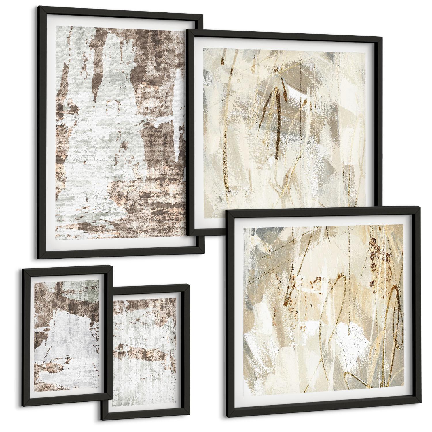 BILDER SET 5er Set - 50x50 cm & 20x30 cm & 40x60 cm Schwarzer Rahmen - Abstrakte Muster, weiß, braun - Schwarz, Kunststoff (40/60cm) - TULUP