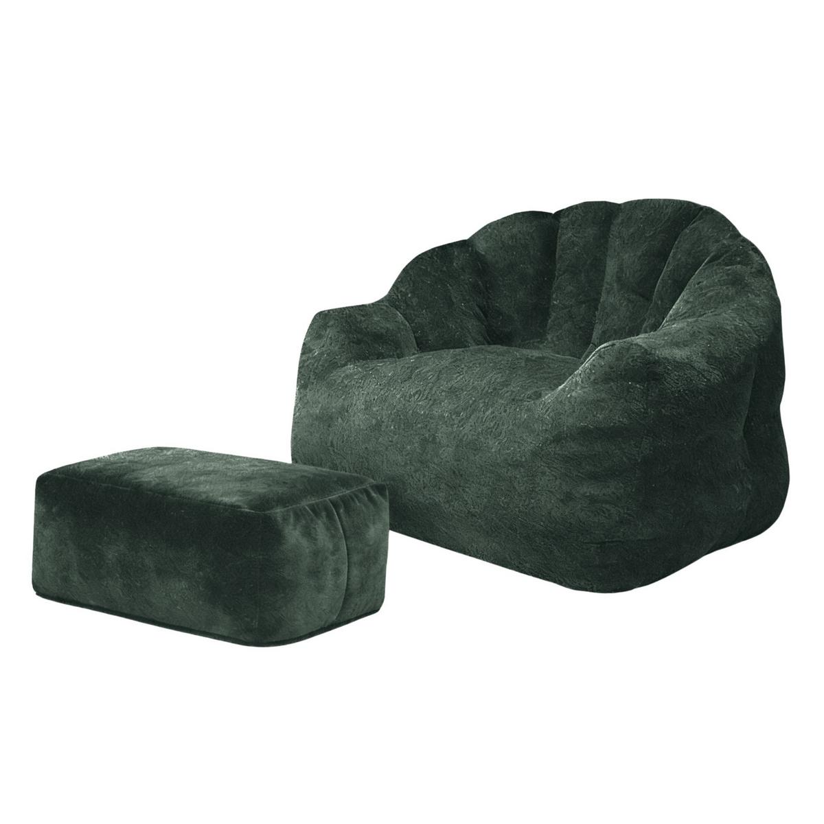 SESSEL MIT HOCKER aus weichem Chenille mit Blüten-Rückenlehne und Ottomane - Grün, Textil (99/65/86cm) - Urban Meuble