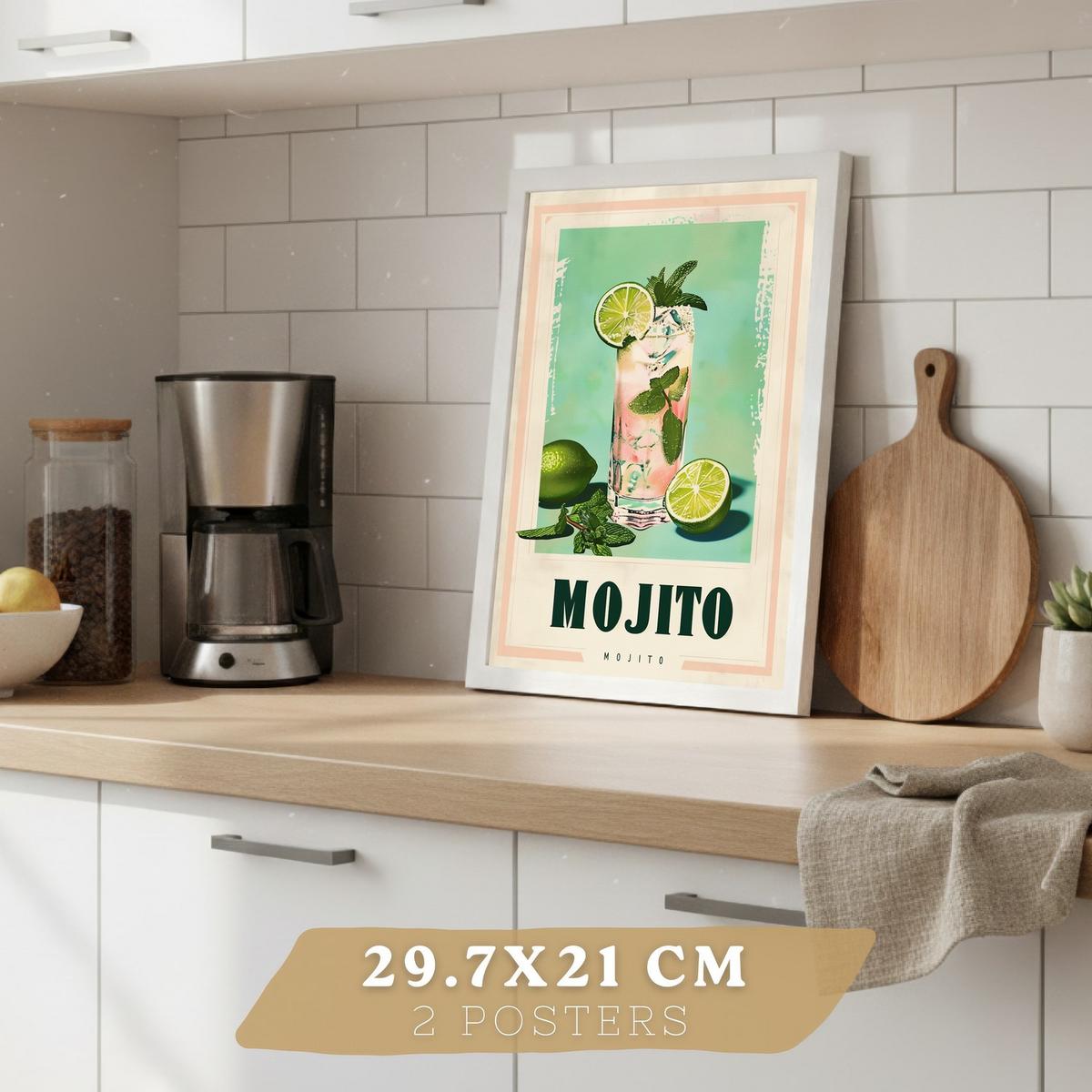 POSTER 4er Set Cocktail-Wandbilder Mojito Gin Tonic und Limoncello Vintage Retro Küche Bar Deko Weißer Rahmen A4 - Weiß, Papier (29.7/1/21cm) - Nacnic