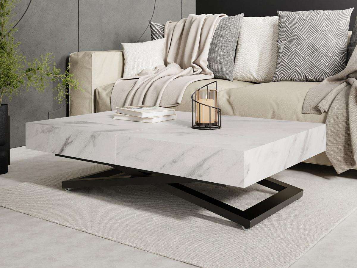 COUCHTISCH Cavetta U höhenverstellbar ausziehbar, Marmor Weiß 120-200/80/27-76 cm - Ecru/Schwarz, Holzwerkstoff/Metall (80/200/76cm) - WFL GROUP