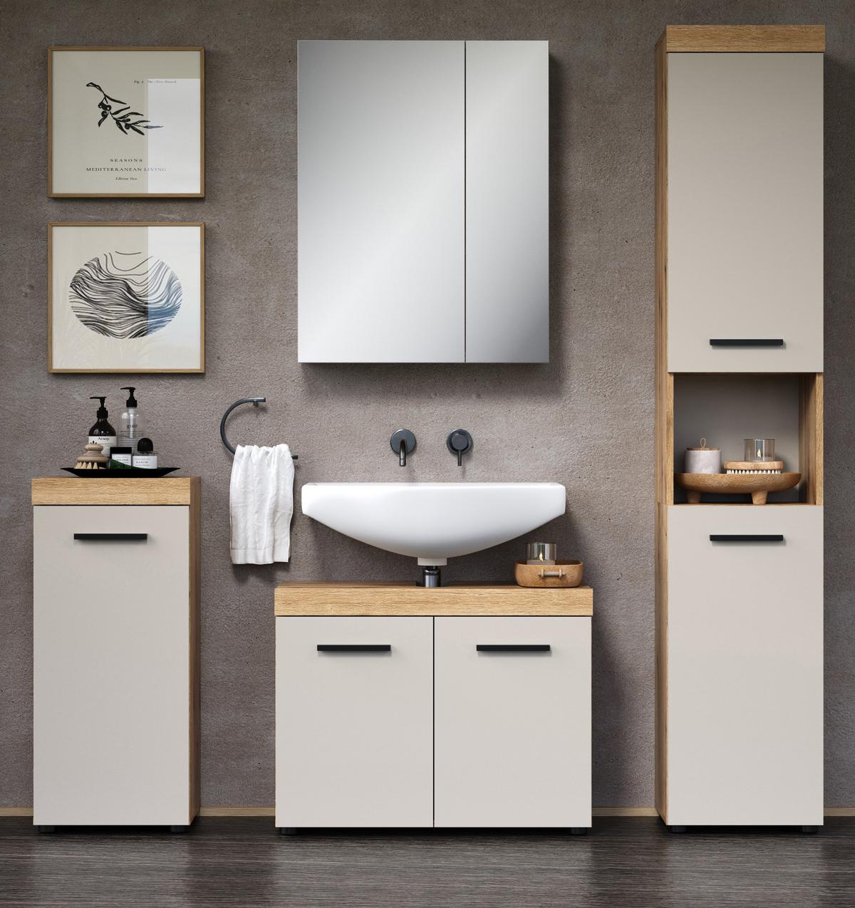 BADMÖBEL-SET Kaschmir, Evoke Eiche 4-teilig 164 x 184 cm, Badkombination in modernem Design - Kaschmir/Eichefarben, Glas/Holzwerkstoff (164/184/34cm) - Top.Furn