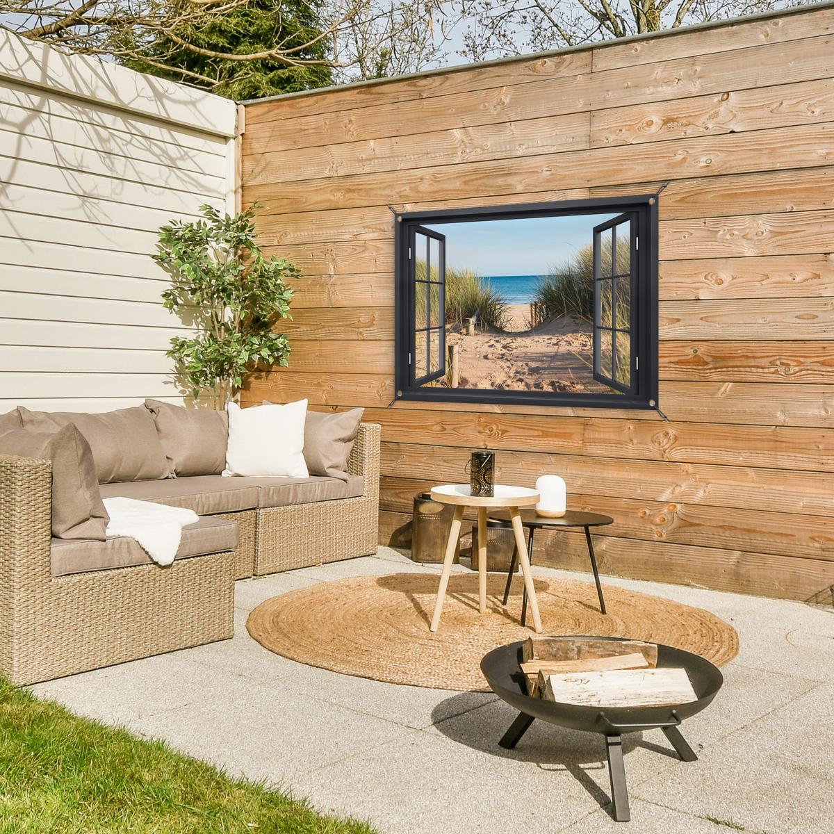 GARTENPOSTER Durchblick - Strand - Meer - Sand - Wasser - Strandhafer - Dünen Gartendeko 90x60 cm - Sandfarben, Kunststoff (90/60/0.2cm) - OnlyWow