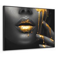 LEINWAND Bilder mit Rahmen - Frau - Schwarz - Gold - Gesicht - Lippen - 80x60 - Goldfarben, Textil (80/60cm) - MuchoWow
