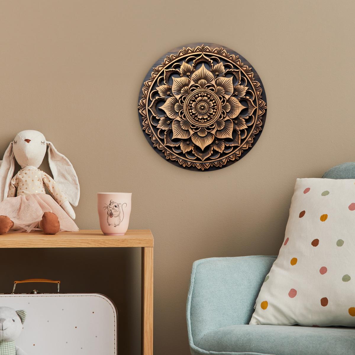 WANDBILD Mandala - Holz - Blumen - Braun Deko Wohnzimmer 30x30 cm - Gelb, Kunststoff (30/30cm) - MuchoWow