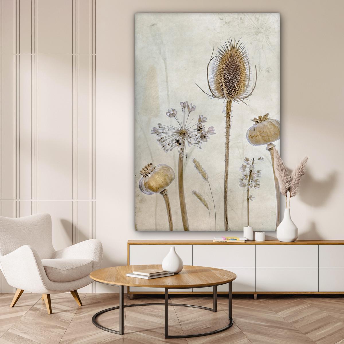 LEINWANDBILD Blumen - Aquarell - Stilleben - Braun - Vintage Deko Groß 90x140 cm - Beige, Textil (90/140cm) - MuchoWow