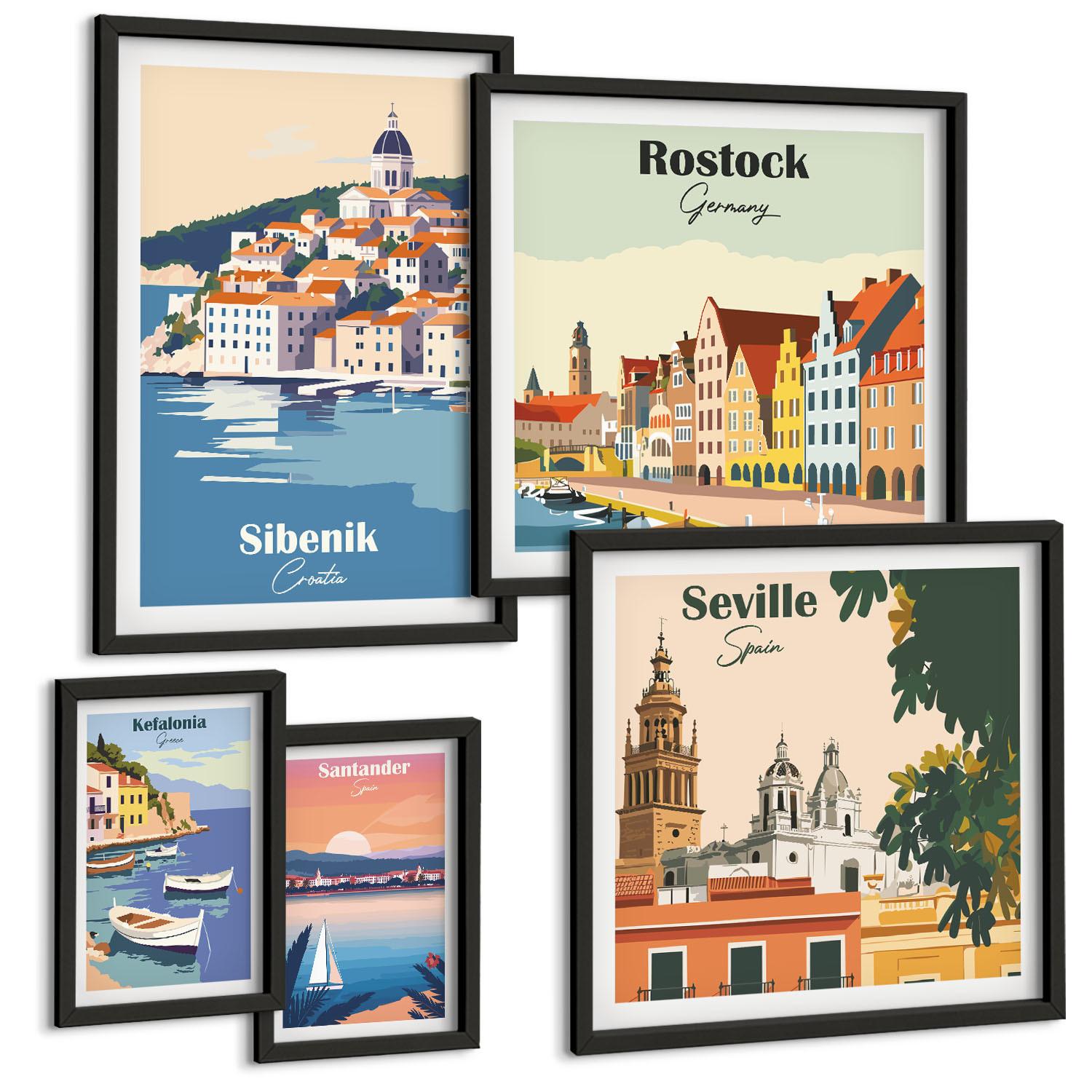 BILDER SET 5er Set - 50x50 cm & 20x30 cm & 40x60 cm Schwarzer Rahmen - Berglandschaften und Städte - Schwarz, Kunststoff (40/60cm) - TULUP