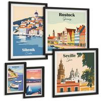 BILDER SET 5er Set - 50x50 cm & 20x30 cm & 40x60 cm Schwarzer Rahmen - Berglandschaften und Städte - Schwarz, Kunststoff (40/60cm) - TULUP