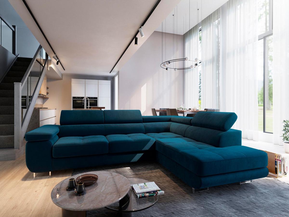 ECKSOFA SELVA R-S Blau Velours-Stoff mit Schlaffunktion - Blau/Silberfarben, Holz/Holzwerkstoff (275/202cm) - MASSENO