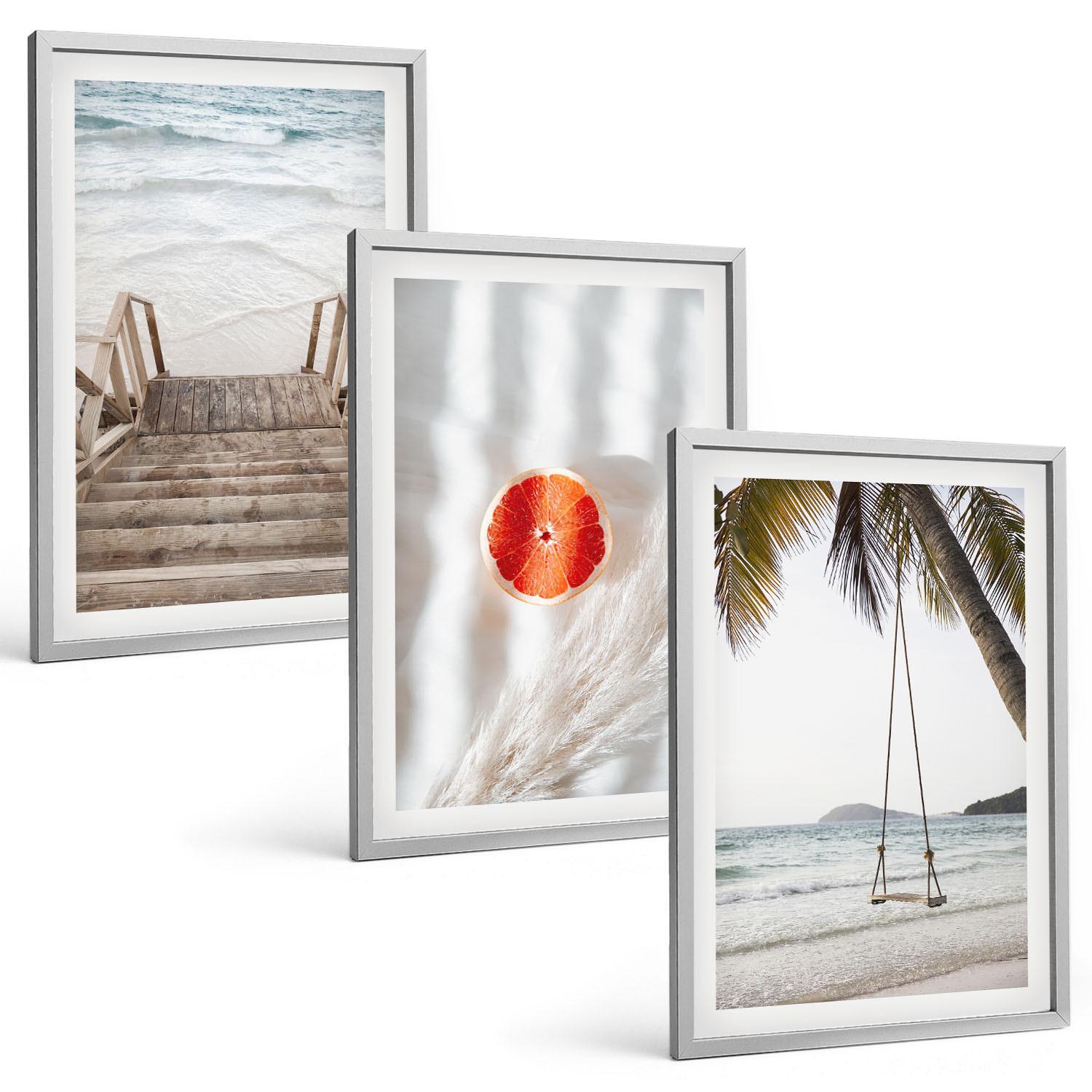BILDER SET 3er Set - 40x60 cm Silberner Rahmen - Strandtreppe aus Holz, Urlaub - Silberfarben, Kunststoff (40/60cm) - TULUP
