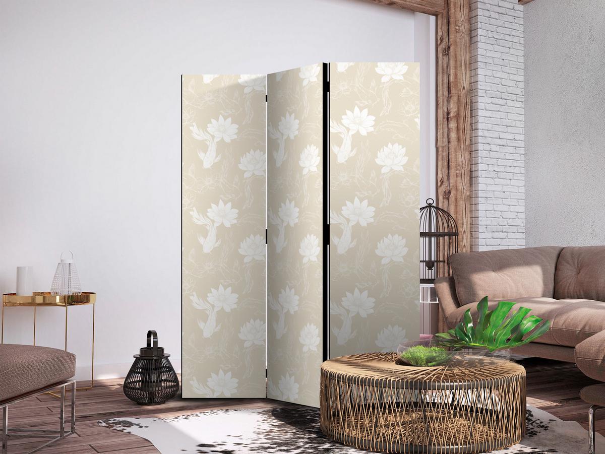 PARAVENT Beidseitig Bedruckter 3-tlg 135x172 cm Kois und Blumen Boho - Beige, Holz/Textil (135/172/3cm) - Muralo