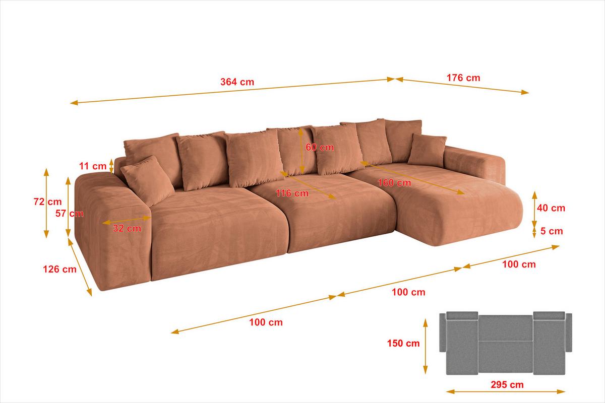ECKSOFA Ottomane rechts ESKAR-L2 364x176x72 Koralle Velours - Koralle/Schwarz, Holzwerkstoff/Kunststoff (176/364cm) - ALTDECOR