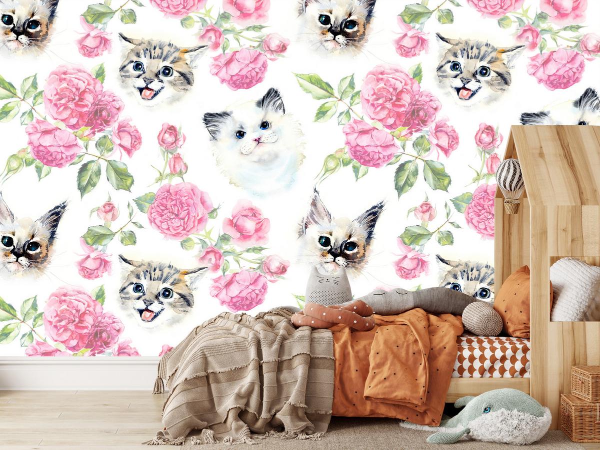 FOTOTAPETE für Badezimmer Kätzchen Rosen Blumen 150x105 - Beige/Rosa, Papier (150/105cm) - Muralo