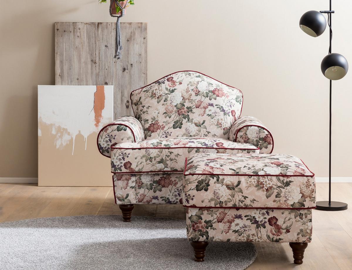 SESSEL SET 2-teilig creme Landhaus, Blumen Design 110 cm, Kombination mit Hocker - Rot/Multicolor, Holz/Textil (110/96/155cm) - Furn.Design