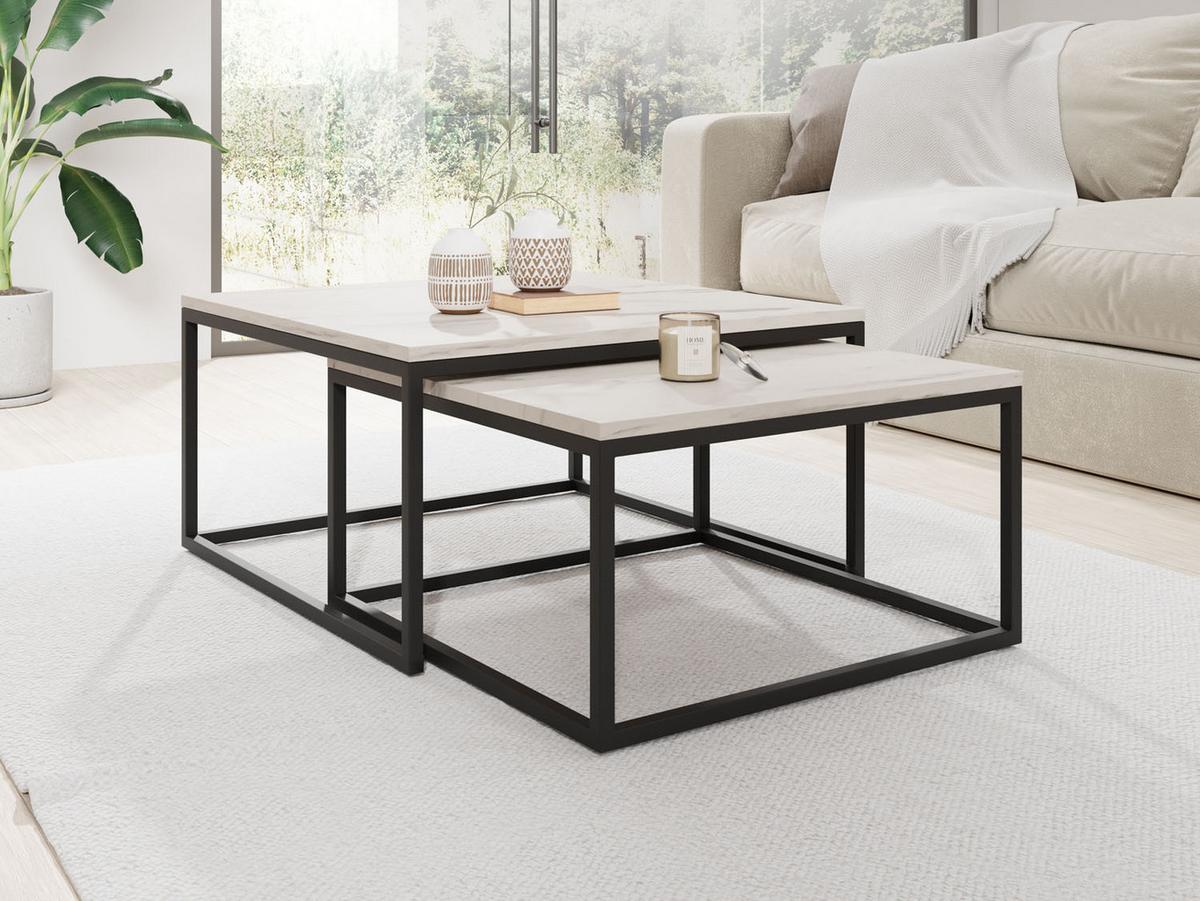 COUCHTISCHE Vella 2er-Set quadratisch, Marmor Weiß 76/76/39cm + 66/66/34 cm - Ecru/Schwarz, Holzwerkstoff/Metall (76/76/39cm) - WFL GROUP