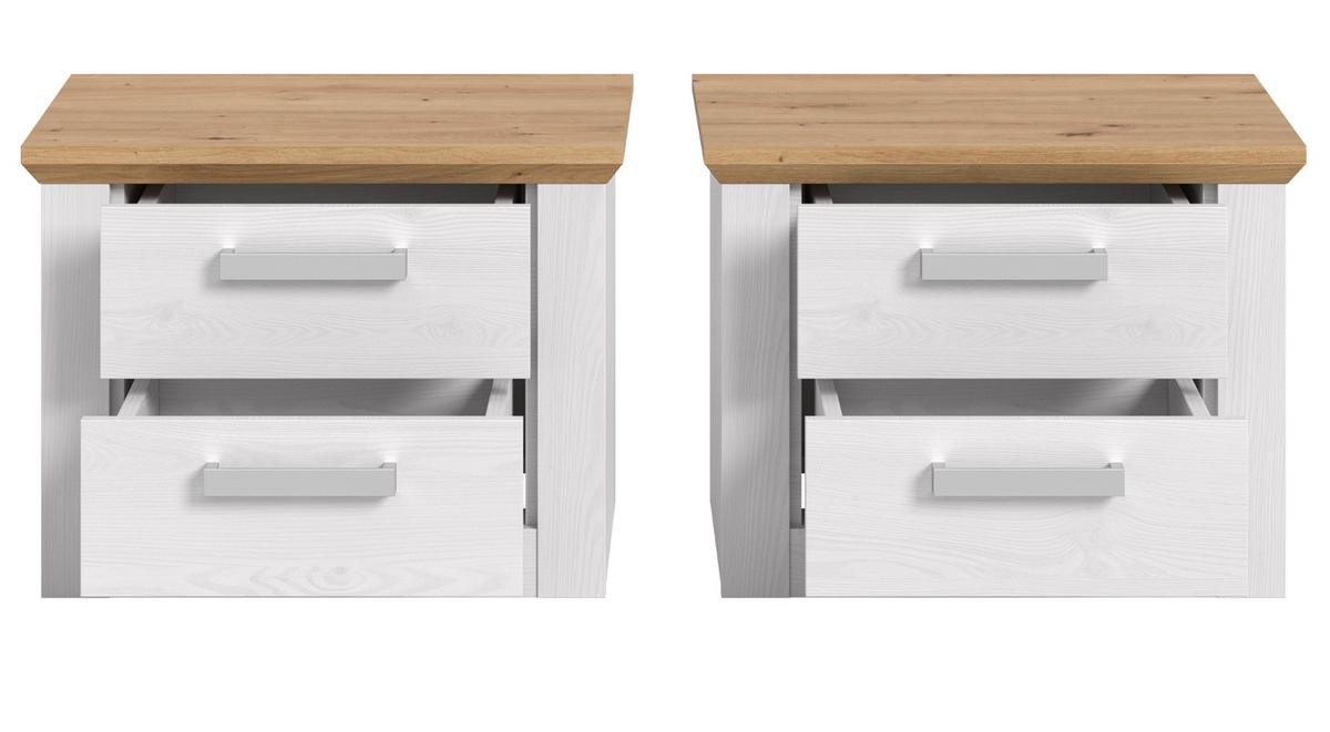 NACHTTISCH 2er Set weiß Lärche, Eiche Artisan Landhaus 56 x 43 cm, 2x Nachtkommode mit Schubkästen - Eichefarben/Silberfarben, Holzwerkstoff/Kunststoff (56/43/39cm) - Inn.Furn