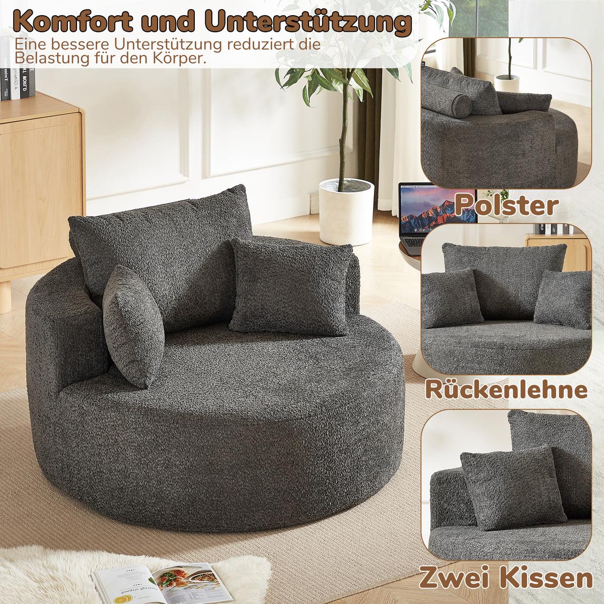SESSEL XXL 127x127 cm Grau aus Chenille, Keine Montage - Grau, Textil (127/85/127cm) - Urban Meuble