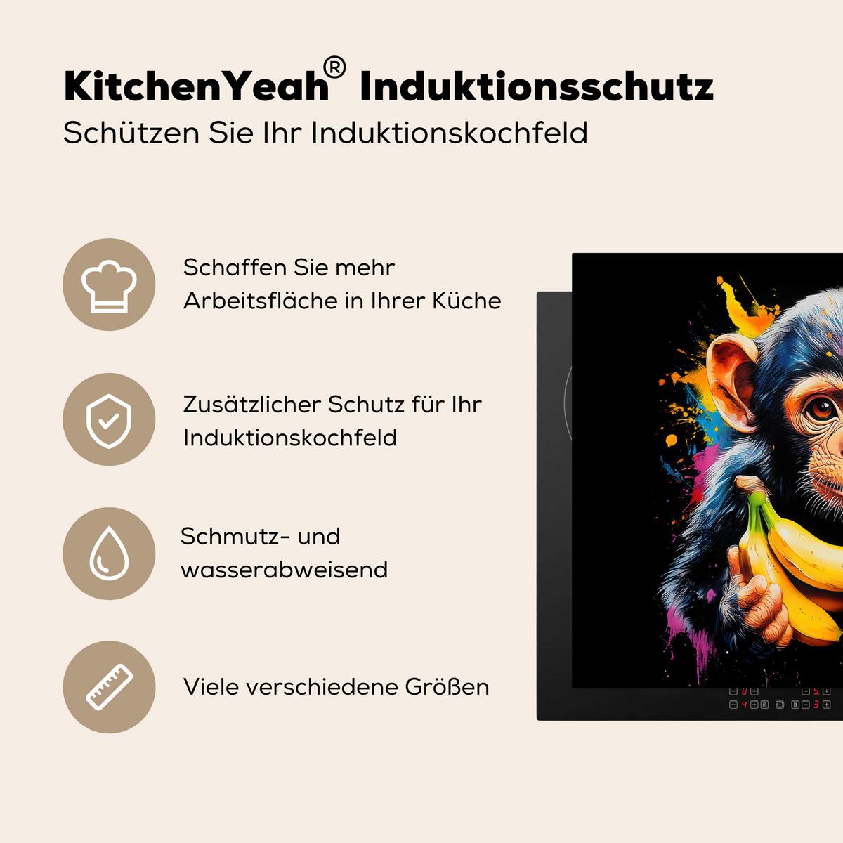 HERDABDECKPLATTE Affe - Graffiti - Farbenfroh - Bananen - Modern Induktionsmatte 77x59 cm - Gelb, Kunststoff (77/59/0.2cm) - MuchoWow